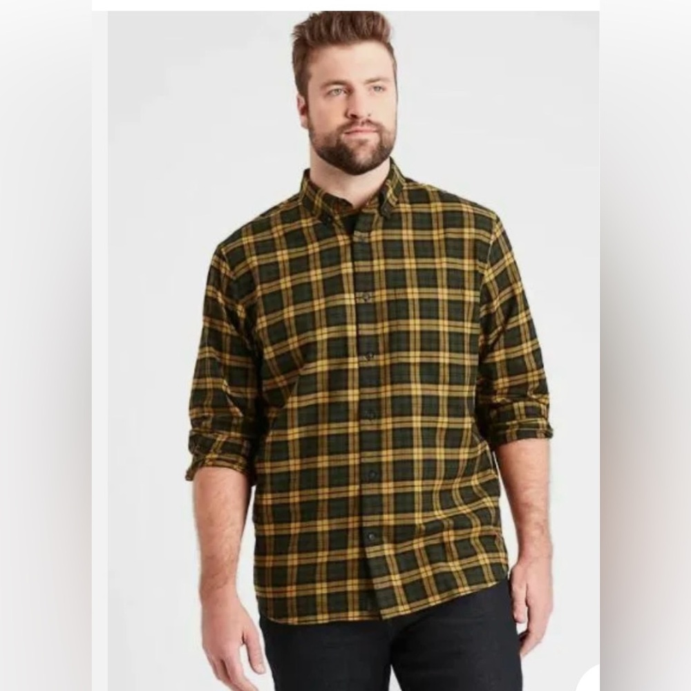 Banana Republic Men Untucked Standard Flannel Cotton Yellow Plaid